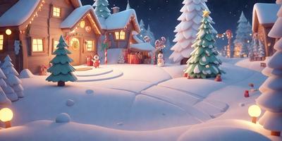The primary subject of the image is a snowy scene featuring a house with a Christmas tree in front of it. The setting is a winter landscape with a snow-covered ground. The visual style is a digital art or illustration, creating a festive and cozy atmosphere. The colors are predominantly white, which represents snow, and the mood is warm and inviting, as it captures the essence of the holiday season.